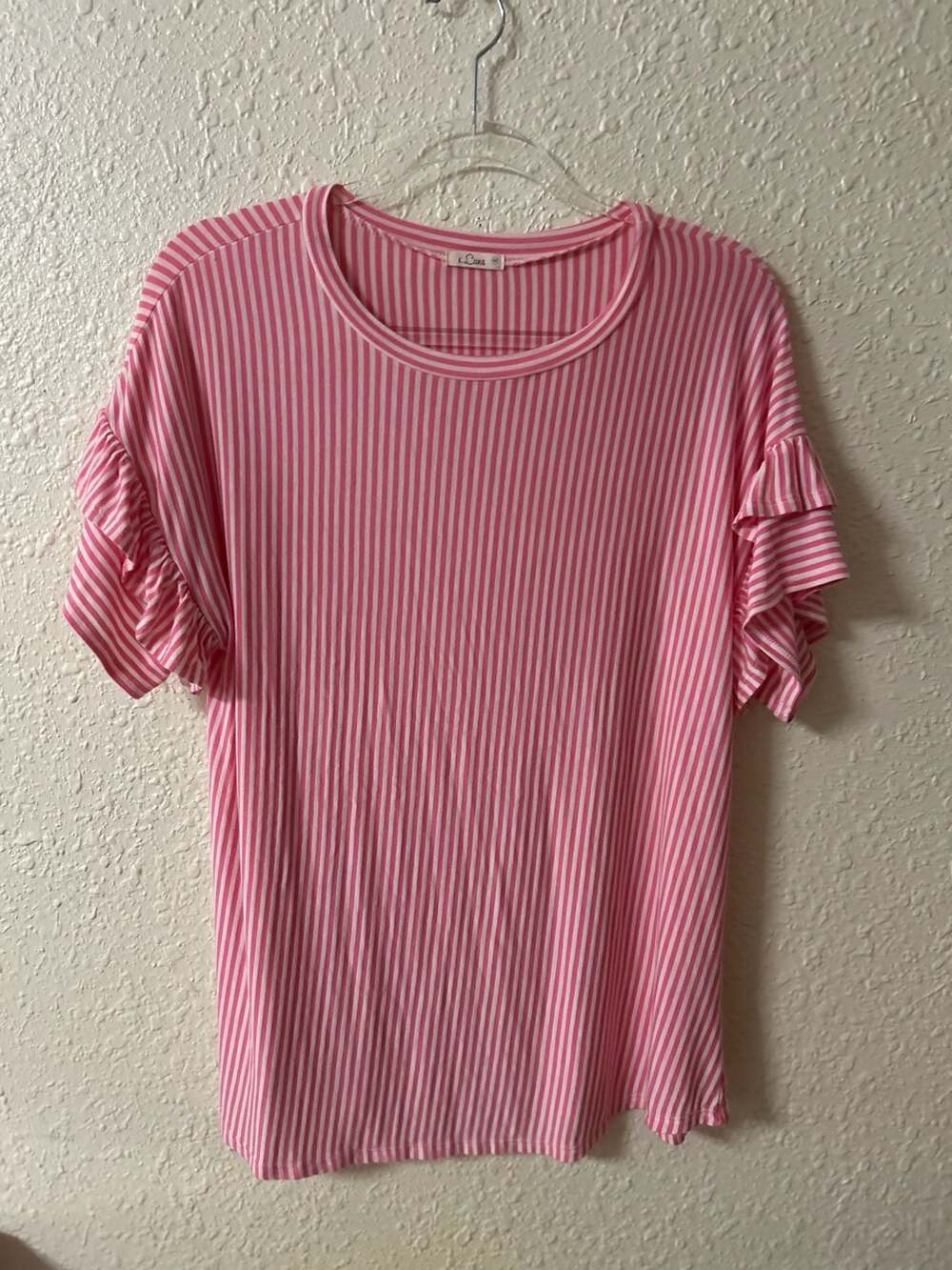 e.Luna Pink and White Striped Short Sleeve Ruffle Sleeve Casual Top Size M